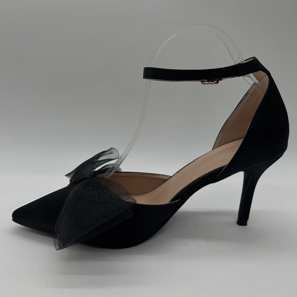 NEW‎ Allegra K Heels Womens 9 Black Pointed Toe Ankle Strap Pumps Bow Stiletto